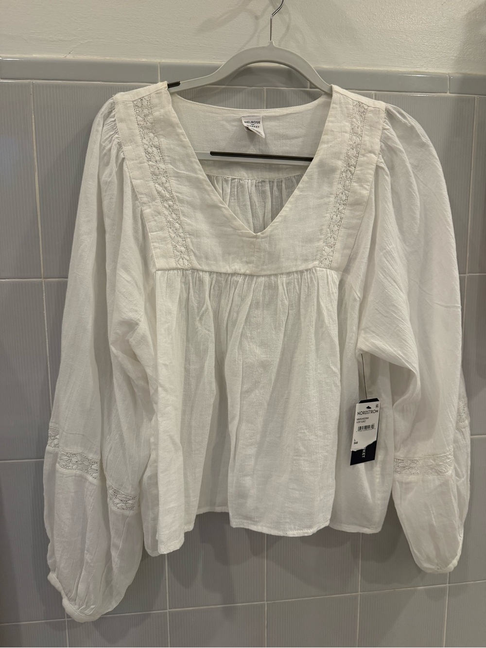 Melrose and Market White Peasant Blouse with Lace Trim NWT